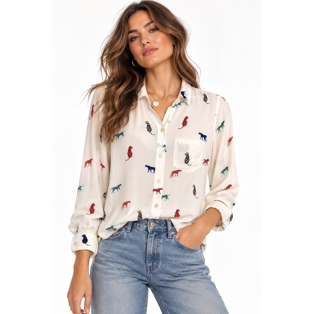 Rails Kathryn Multi Wild Cats Print Button Down Shirt Ivory XS